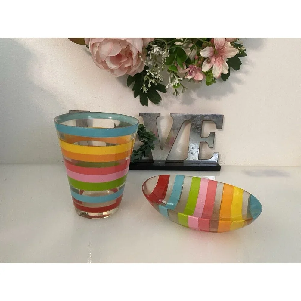 Vintage 1970s Retro Acrylic Rainbow Bathroom Accessory Set Tumbler Soap Dish GUC
